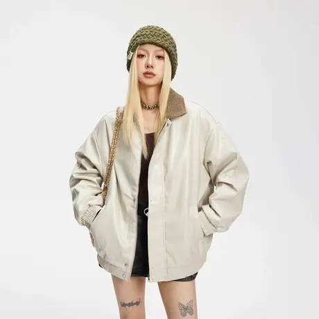 复古潮牌拼接PU皮棉服女冬季夹棉羊羔毛外套2023新款宽松保暖棉衣商品大图