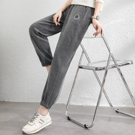 韩潮袭人松紧腰刺绣雪尼尔运动裤女冬季新款灯芯绒休闲束脚卫裤子图片