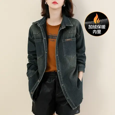 韩潮袭人复古中长款加绒牛仔外套女2023冬装新款休闲宽松夹克上衣图片