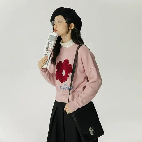 omont蛋挞家 复古花朵提花毛衣女早秋新款2023宽松短款针织衫上衣图片