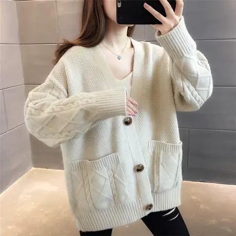 2023秋季新款纯色中长款毛衣开衫女韩版宽松慵懒风网红针织外套潮商品大图