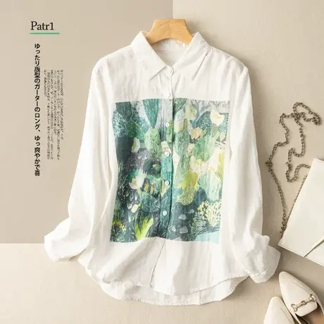 全棉白色衬衫文艺复古印花宽松衬衣百搭气质港味上衣2022秋季新款商品大图