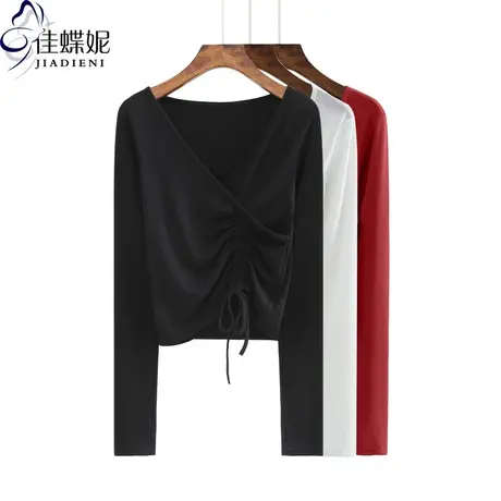 春秋季韩版修身打底衫长袖不规则抽绳T恤女纯白内搭高腰气质上衣图片