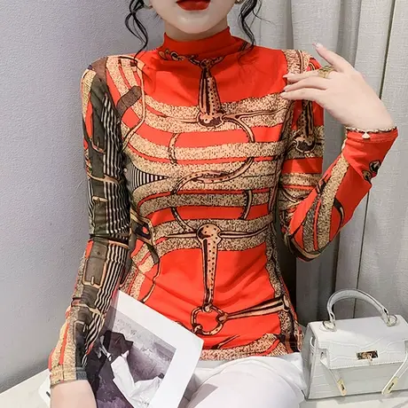 半高领打底衫女士长袖2024秋季新款网纱印花T恤气质显瘦漂亮上衣商品大图