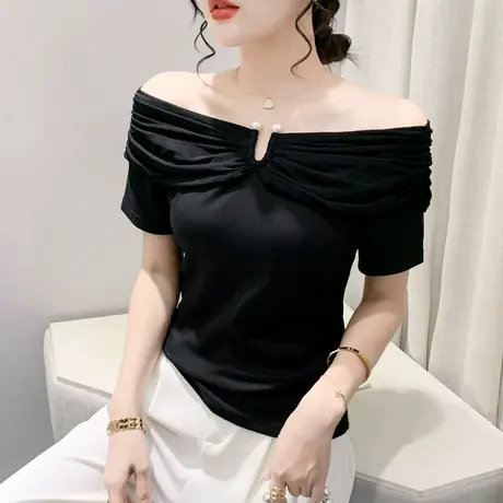 一字领短袖女装2024新款性感露肩锁骨T恤设计感小众修身上衣小衫商品大图