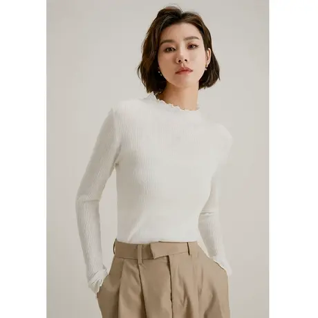 弥古白色木耳边针织打底衫女2023新款秋冬法式半高领毛衣内搭上衣商品大图