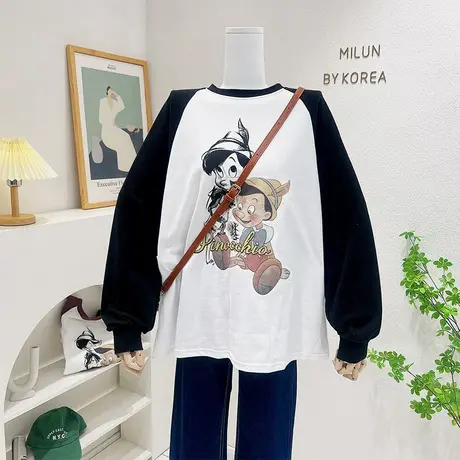 2022早秋新款长袖韩国东大门休闲复古撞色磨毛加厚T恤打底衫大码商品大图