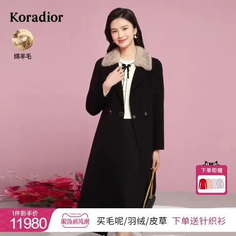 珂莱蒂尔2023年秋季纯色西装领绵羊毛中长款大衣女双面呢大衣商品大图
