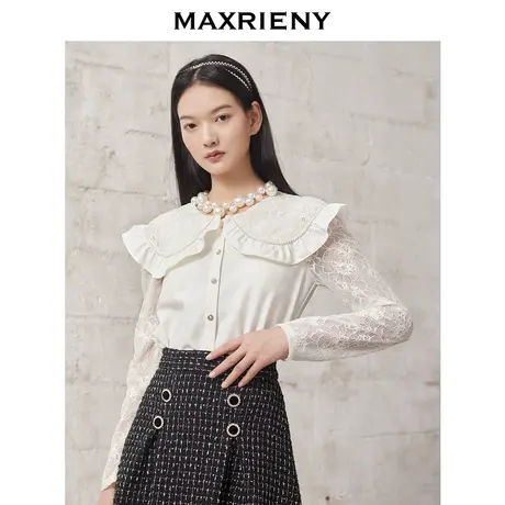 MAXRIENY翻领蕾丝衬衣冬季女士复古长袖衬衫图片