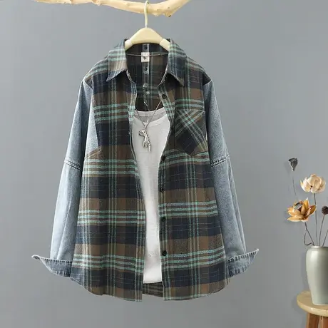 2024年春装新款韩版牛仔拼接长袖格子衬衫女宽松休闲外套上衣衬衣图片