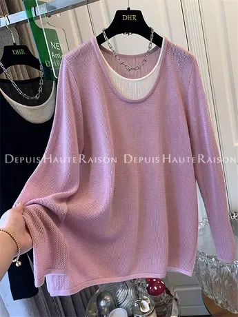 气质镂空假两件针织衫上衣女韩版宽松休闲设计感小众2023秋装新款商品大图