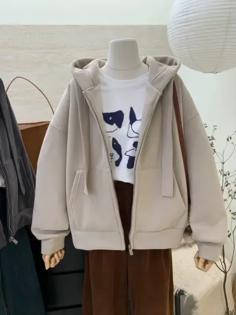 后背刺绣字母加绒连帽开衫卫衣女2023年秋冬宽松慵懒保暖加厚外套商品大图