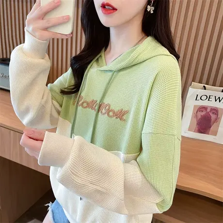 早秋装卫衣女春秋季韩版宽松薄款设计感小众小个子撞色华夫格外套图片