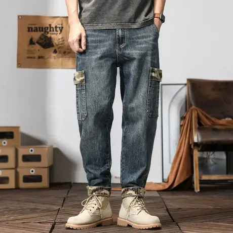 潮流男款牛仔裤休闲直筒宽松牛仔裤大码水洗百搭潮流复古做旧裤子商品大图