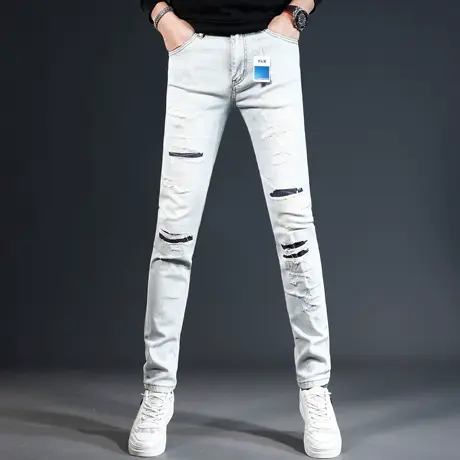 欧美机车牛仔裤男2023秋冬新款潮流破洞修身小脚男士弹力补丁裤子商品大图