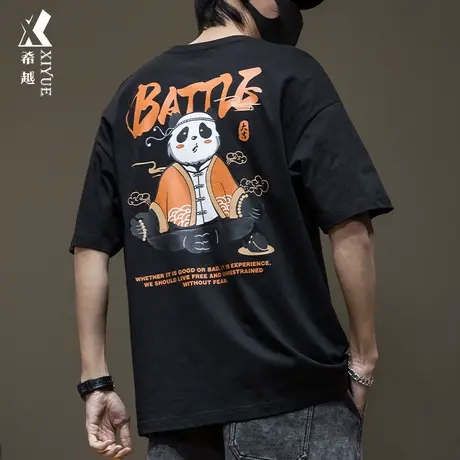 希越潮流熊猫印花半截袖T恤男夏季潮牌ins加大码纯棉短袖休闲上衣商品大图