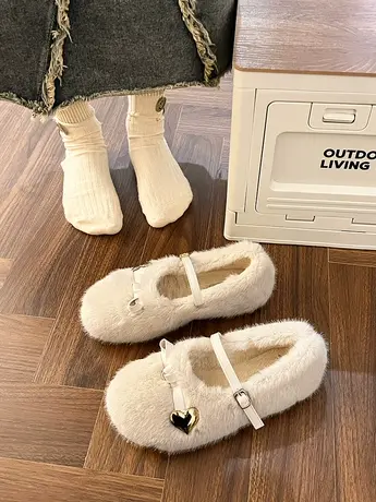 毛毛鞋女外穿高级感加绒保暖棉鞋2023年秋冬新款软底玛丽珍豆豆鞋图片