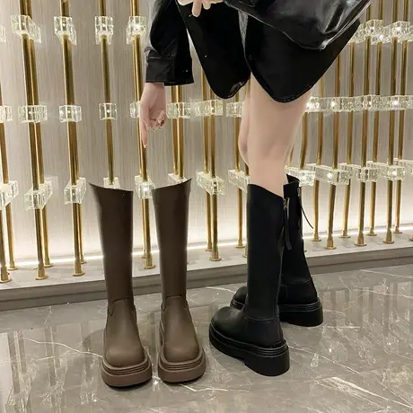 厚底长筒靴女2023春秋新款英伦风复古法式瘦瘦靴粗跟小个子骑士靴图片