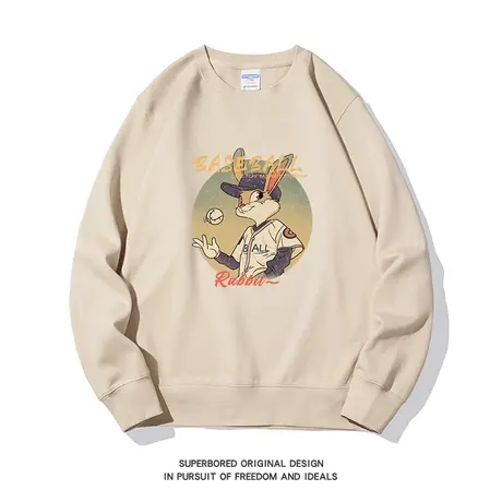 秋冬季美式复古棒球兔子卫衣男加绒休闲宽松圆领无帽上衣情侣装商品大图