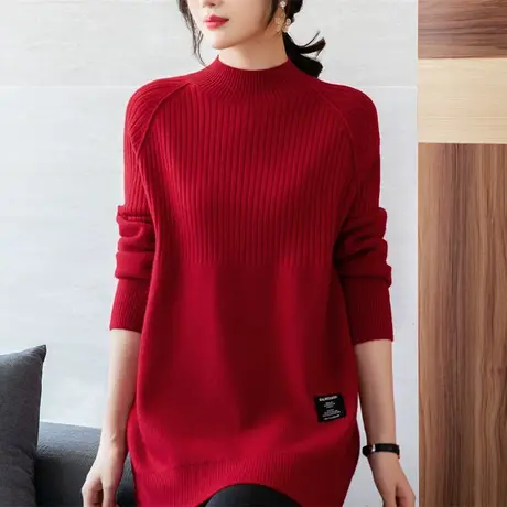 2023秋冬新款中长款毛衣连衣裙红色大码装打底衫宽松半高领打底裙图片