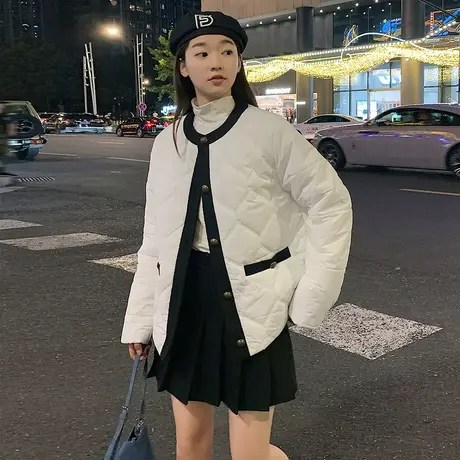 唐狮冬季新小香风棉衣棉服女圆领小个子菱形格轻薄棉袄外套青少年图片