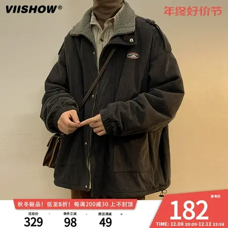VIISHOW羊羔毛外套男冬季美式加厚棉衣假两件灯芯绒拼接工装棉服图片
