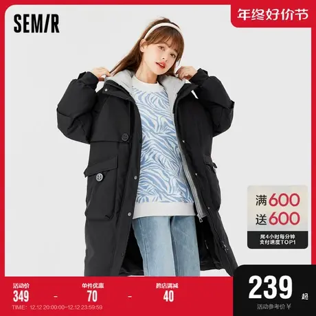 森马羽绒服女长款连帽拼接假两件2022冬季新款撞色oversize厚外套商品大图