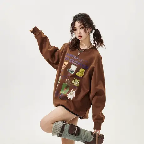 YEP春秋美拉德穿搭卫衣女2024年新款复古印花宽松无帽上衣潮图片