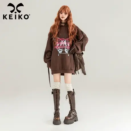 KEIKO [加密绒]慵懒风中长款连帽卫衣加厚早春美式辣妹宽松卫衣裙商品大图