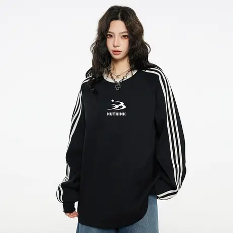 Nuthink美式潮牌加绒加厚保暖插肩卫衣男潮潮流宽松圆领上衣春季商品大图