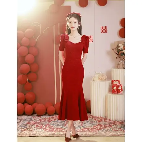 红色敬酒服2023新款新娘订婚回门礼服法式高级感优雅鱼尾裙中长款图片
