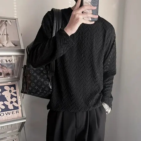 春季2024新款长袖T恤男潮牌纯色提花肌理感宽松休闲轻熟打底上衣商品大图