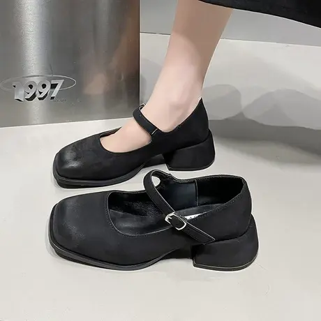 法式方头玛丽珍鞋女2024年新款一字扣浅口单鞋时尚百搭粗跟穆勒鞋图片