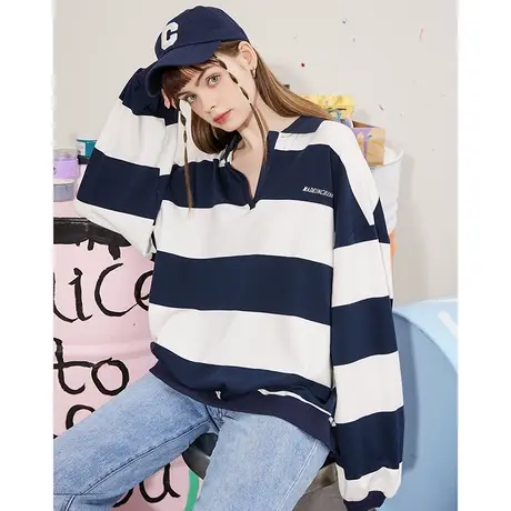 a02春季2024年新款撞色条纹宽松长袖上衣个性百搭气质女式卫衣商品大图
