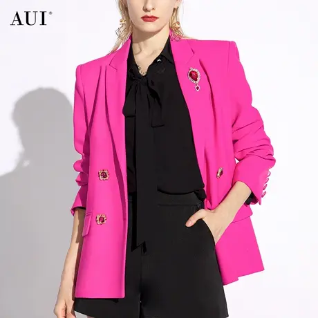 AUI粉色职业气质廓形垫肩西装外套女2024年春秋新款宽松休闲西服图片