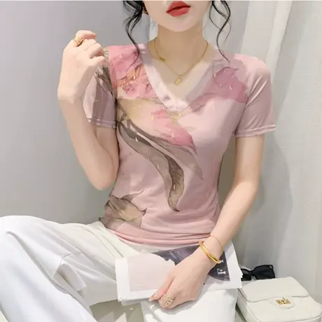 欧货女装性感V领T恤女短袖时尚洋气烫金印花网纱上衣修身百搭小衫商品大图