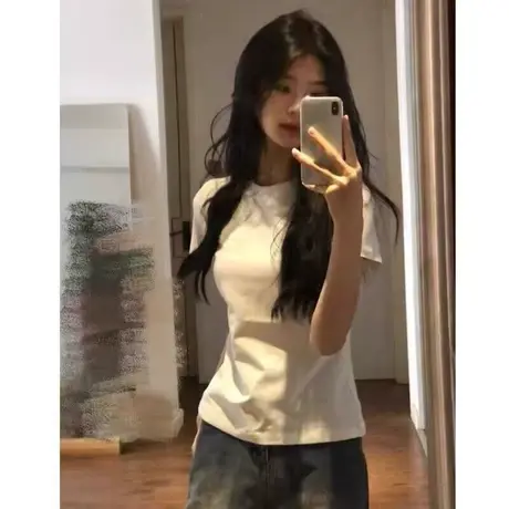 洋气减龄短袖T恤女夏季修身显瘦韩版百搭学生纯棉半袖上衣打底衫商品大图