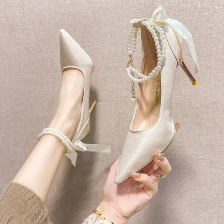 法式高跟鞋女2024新款性感旗袍鞋礼服鞋伴娘鞋细跟白色婚鞋新娘鞋图片