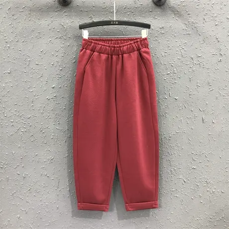欧货大红色休闲裤女2024春季新款松紧腰设计感宽松百搭九分哈伦裤商品大图