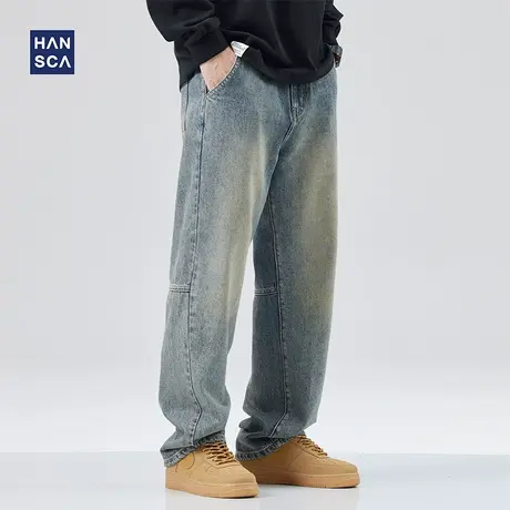 hansca黄泥染牛仔裤男直筒宽松春季新款美式高街休闲复古阔腿裤子商品大图
