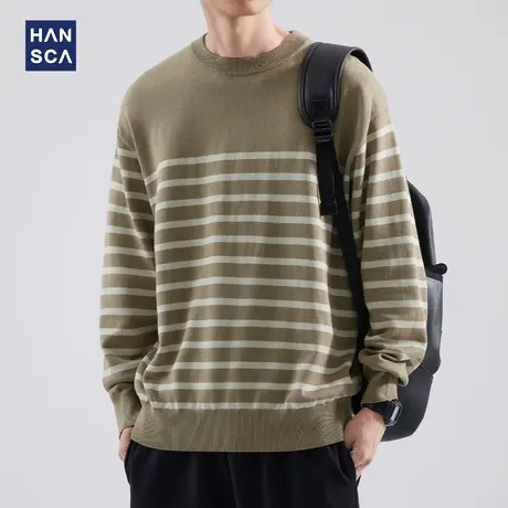 hansca日系复古条纹毛衣男秋冬季圆领宽松撞色潮流休闲大码针织衫商品大图