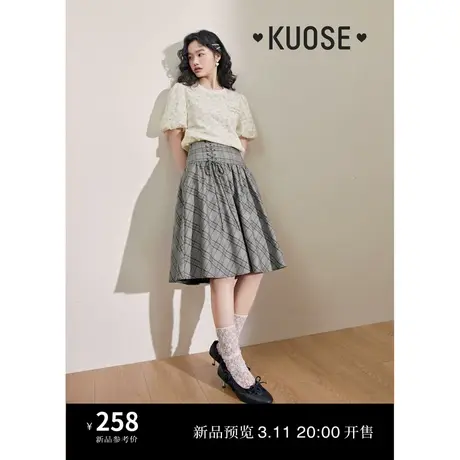 阔色法式复古百褶裙格子裙女2024春夏新款a字短裙半身裙绑带半裙图片