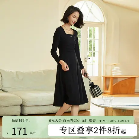 阿依莲法式赫本风长袖收腰连衣裙春季2024女装黑色过膝显瘦小黑裙商品大图