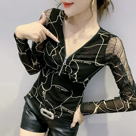 春秋气质女装性感V领拉链T恤女长袖洋气网纱上衣紧身蕾丝打底衫潮商品大图
