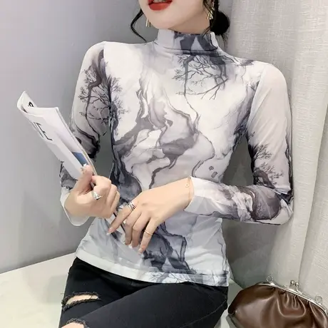 水墨画高领打底衫女长袖时尚印花网纱T恤ins复古气质显瘦上衣春装商品大图