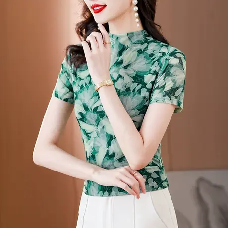 气质妈妈装时尚漂亮印花短袖T恤女性感网纱立领上衣修身显瘦小衫商品大图