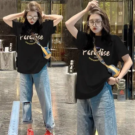 欧货上衣2023新款黑色纯棉女士短袖t恤女ins潮夏季中长款宽松体恤商品大图