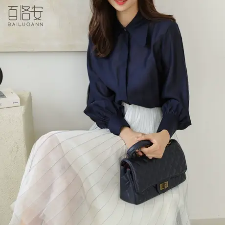 百洛安长袖宽松衬衫女秋新款时尚单排扣纯色衬衣气质百搭法式上衣图片
