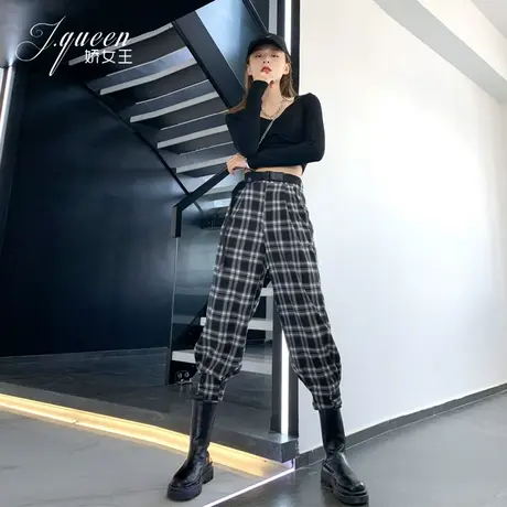 格子哈伦裤女高腰裤秋冬新款韩版宽松萝卜裤休闲九分束脚加绒裤子商品大图