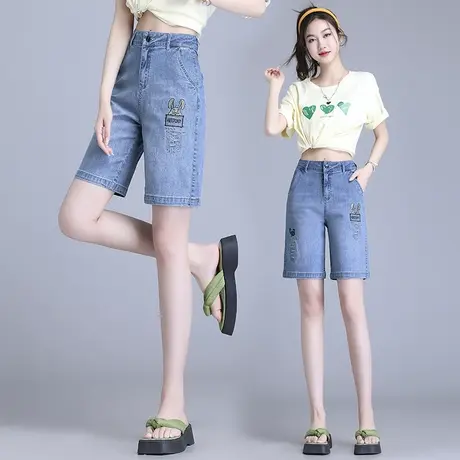 大码牛仔五分裤女夏季高腰时尚刺绣休闲短裤薄款显瘦百搭直筒中裤图片